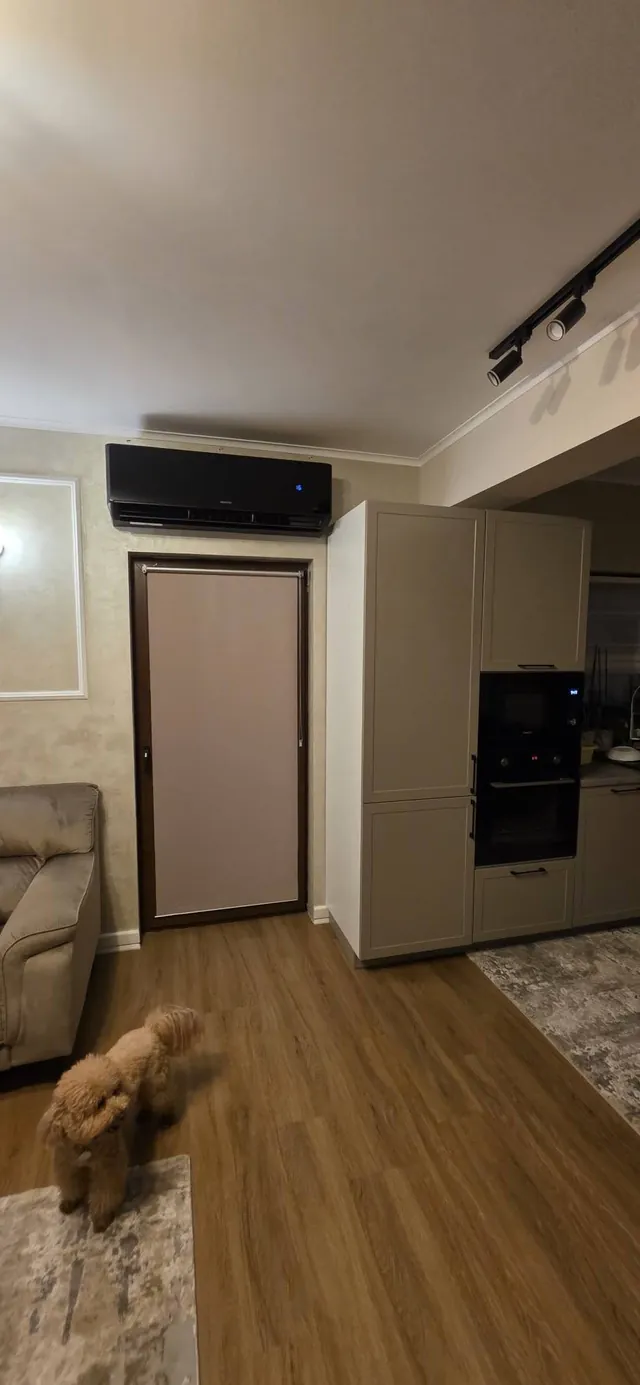 Aparat negru în living cu bucătărie deschisă